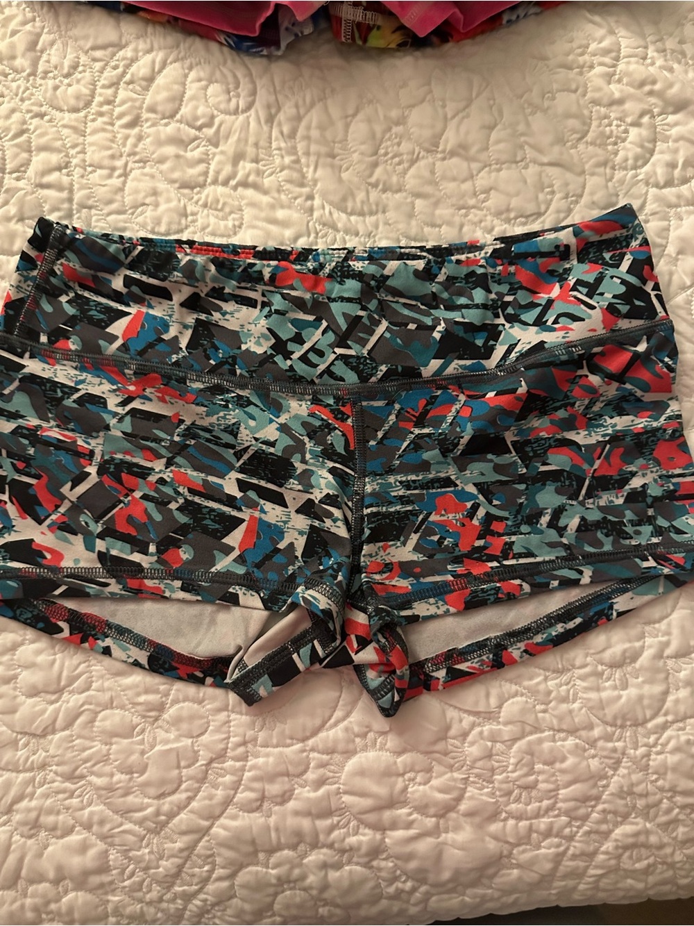 Fleo Women's Multicolor Geo Print Athletic Shorts - Teal, Red, Black